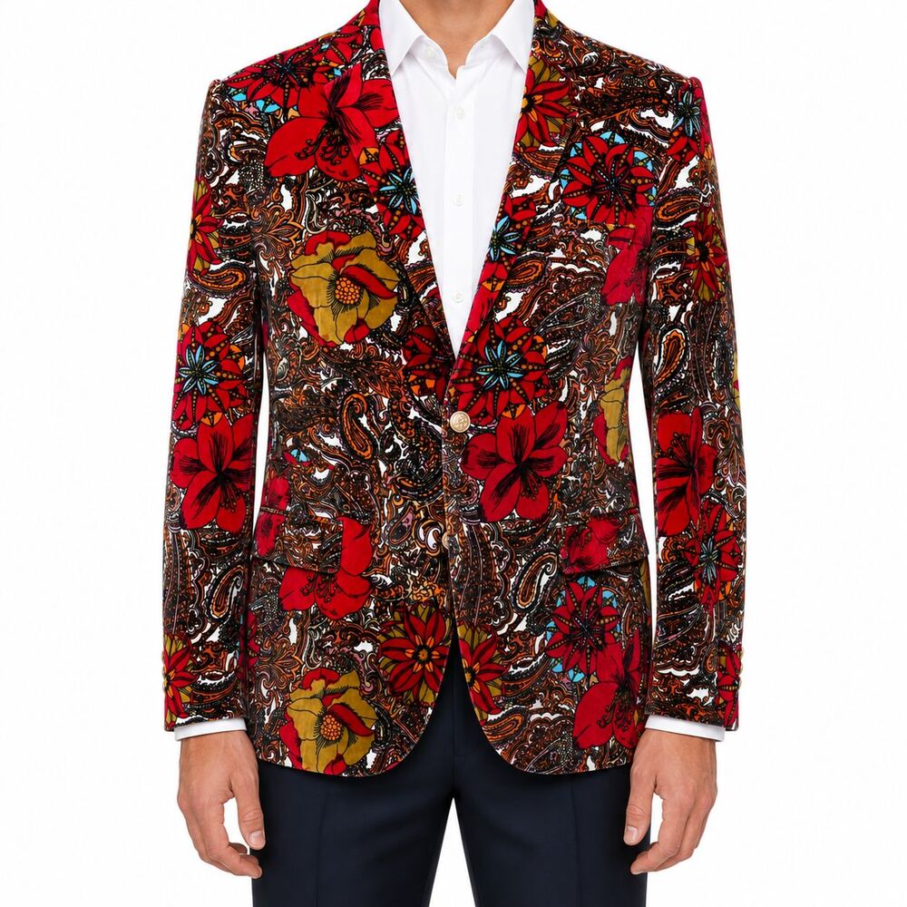 Mens 42R Floral Paisley Velvet Blazer Multicolor Gold Button Statement Jacket
